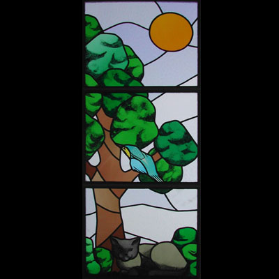 DECORATIVE STAINED GLASS, DIMENSIONS 40x105 cm, ARTIST: VÁCLAV CHALOUPKA, 2003